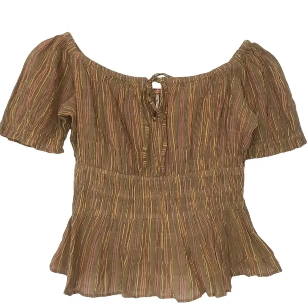 Free People Vivi Smocked Top Puff Sleeves Brown Pink Striped Size XS NWOT